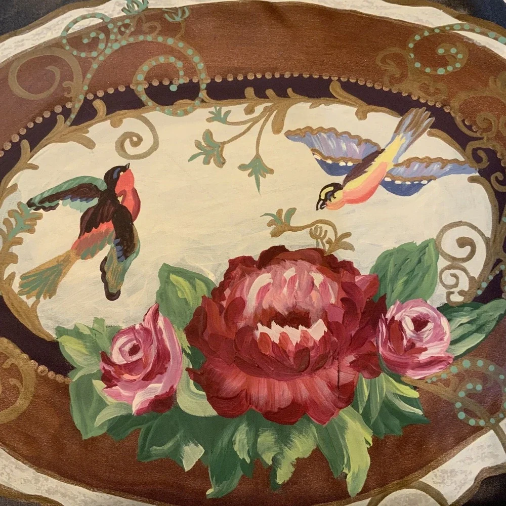 Ornate Throw Pillow Hand Painted Birds Flowers Roses Purple Tafeta Tassle Trim